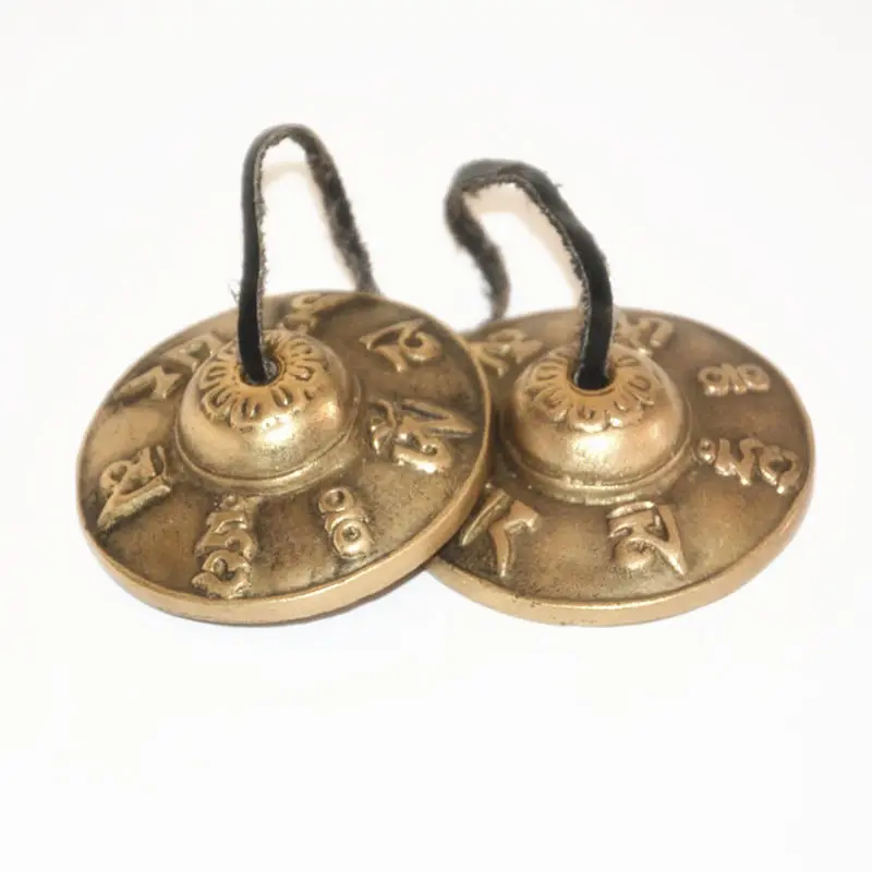 TBC847 Tibetan Buddhist Singing Bells Pair Tibet Mantras Cymbals OM MANI PAD ME HUM Brass Golden | Дом и сад