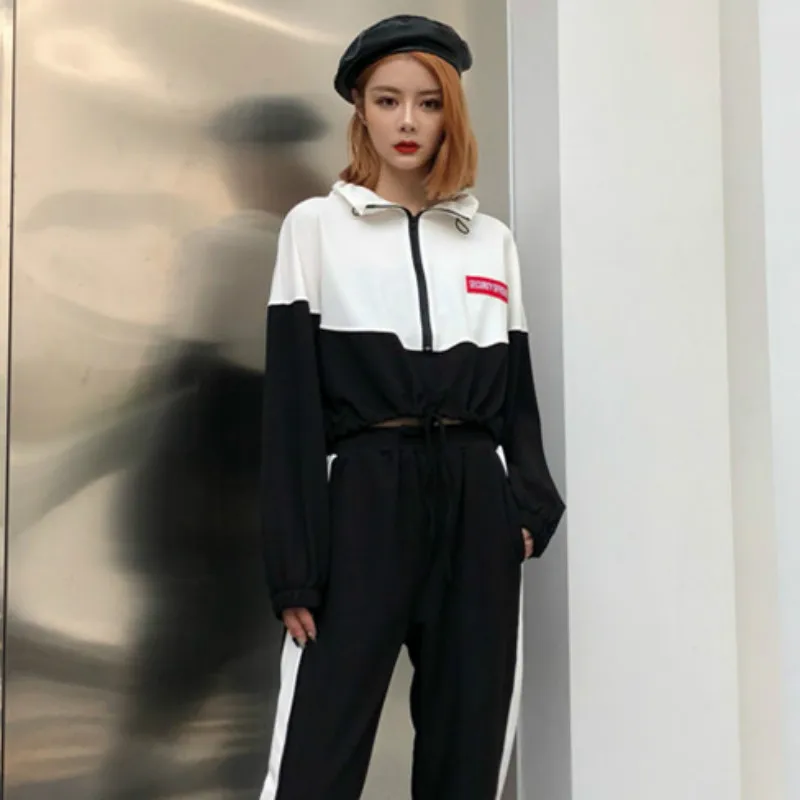 

2019 Autumn Winter 2 Piece Sets Womens Outfits Color Matching Turtleneck Crop Top + Striped Harem Pants Casual Suits Sportwear