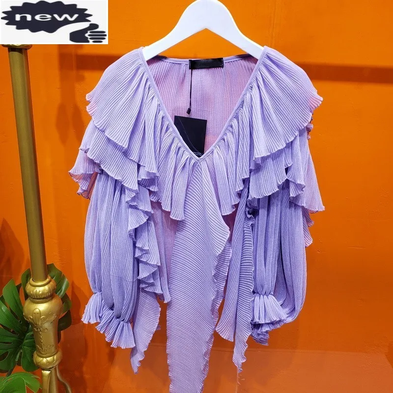 

Women Chiffon Blouse Top Designer Irregular Ruffles Deep V Neck Summer Puff Sleeve Shirts Ladies Elegant Purple Pleated Blouses