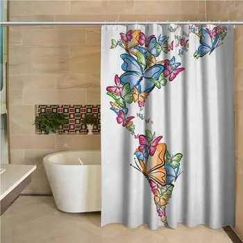 

Wanderlust Precision Custom Shower Curtain North South America World Map Silhouette with Butterfly Illustration Modern Bathroom