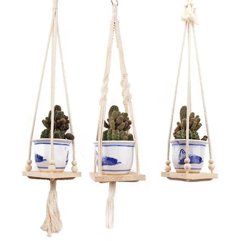 Horticulture Flowerpot String Bag Hand-woven Natural Thin Cotton Rope String Bag Basket Meat Plant Lanyard Wooden Stick Tapestry