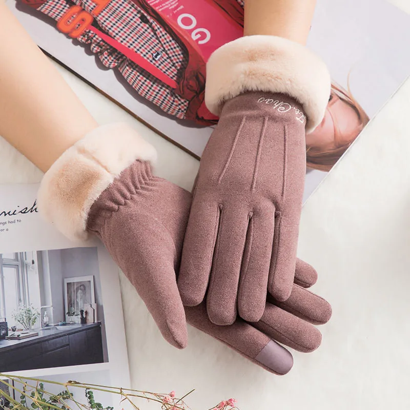 N908-Pale Mauve Женские утепленные Зимние перчатки для велоспорта, спорта на открытом воздухе, с сенсорным экраном, двухслойные теплые перчатки плюс бархатные ветрозащитные лыжные перчатки для верховой езды - Цвет: N908-Pale Mauve