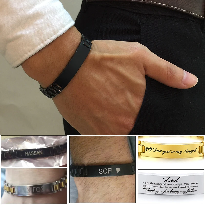 2 Toned Stainless Steel Name Bracelet Personalized Mens ID Bracelets Free Engraving Laser Name Date Customize Christmas Gift
