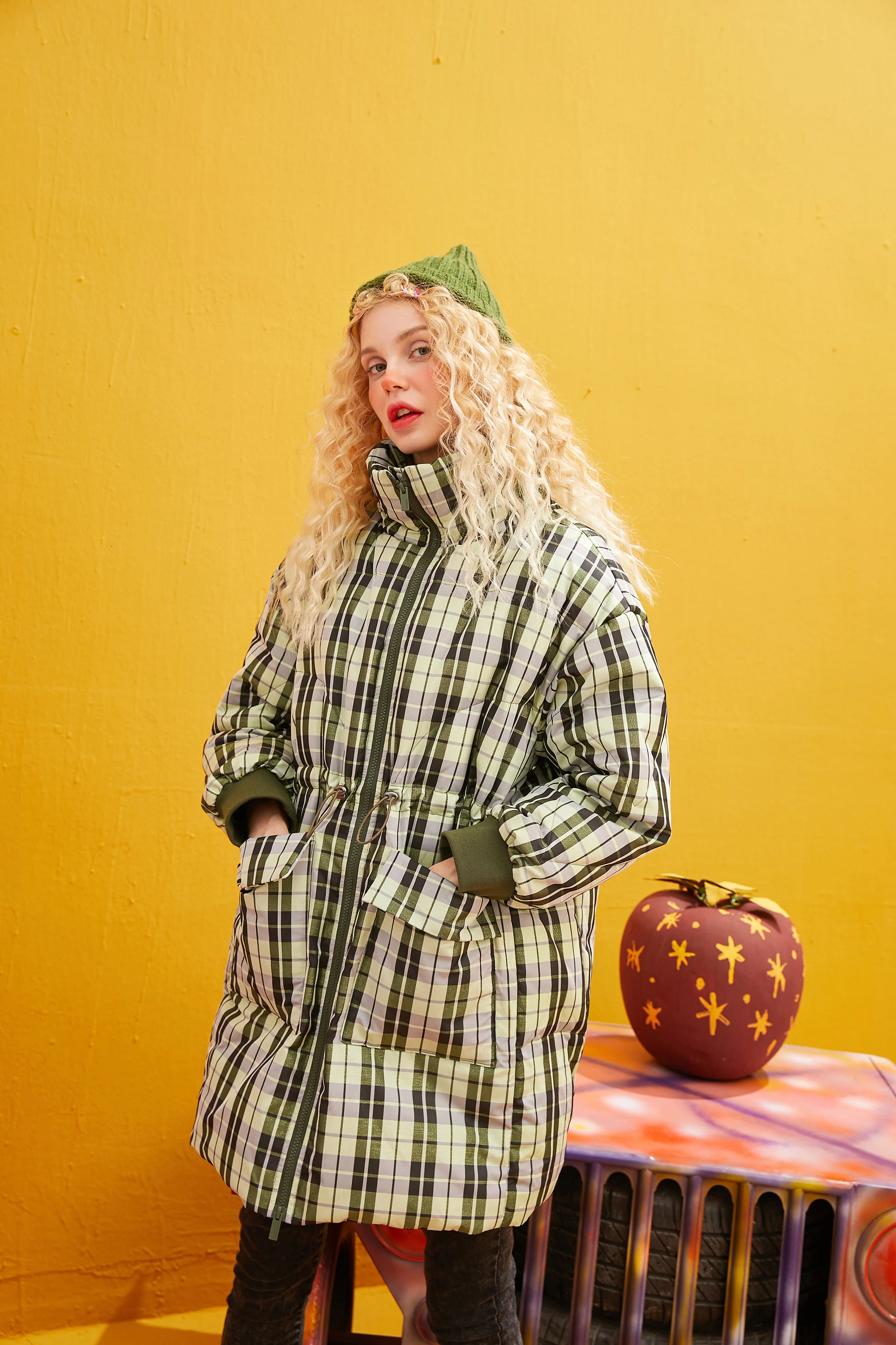 ELFSACK, зеленые, в клетку, эластичные, на завязках, прямые, теплые, пальто для женщин,, зима, на молнии, с длинным рукавом, верхняя одежда