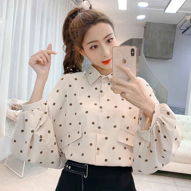 

COIGARSAM Korea Style Shirt Womens tops New Spring Office Lady Print Polka Dot Full Sleeve Chiffon Women shirts Beige Green 6901