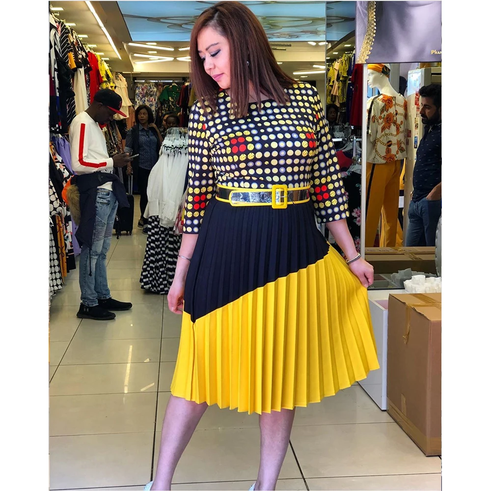 

African Dresses Women Summer Autumn Plus Size Vintage Print Colorful Dot Pleating Dress Elegant Office Party MiDi Dress Vestidos