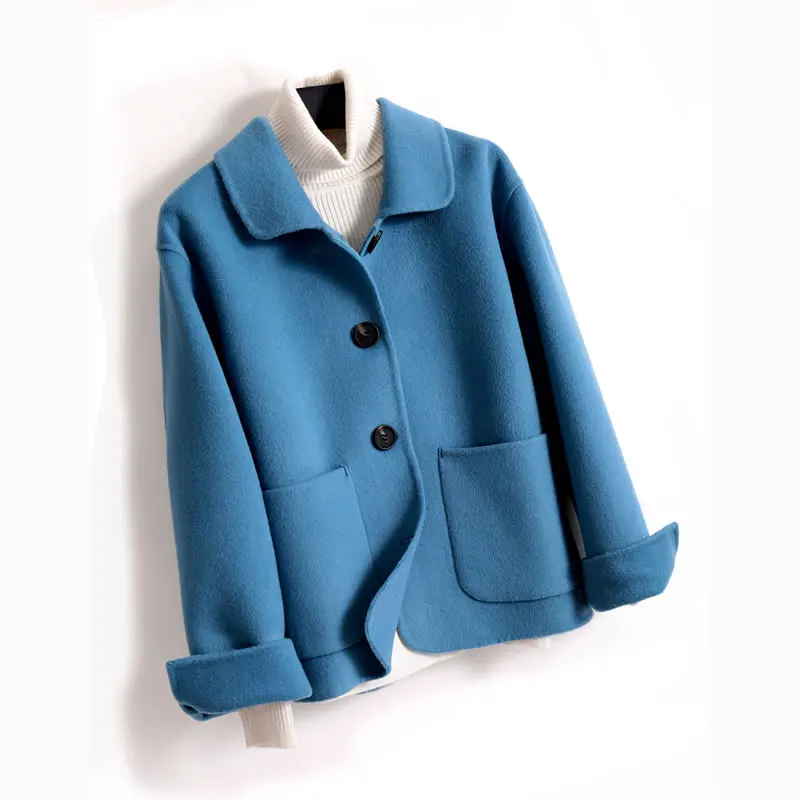 Light blue AreMoMuWha осенне-зимнее Новое двустороннее кашемировое пальто куртка шерстяное пальто женская короткая кукла воротник розовое пальто QX1316 - Цвет: Light blue