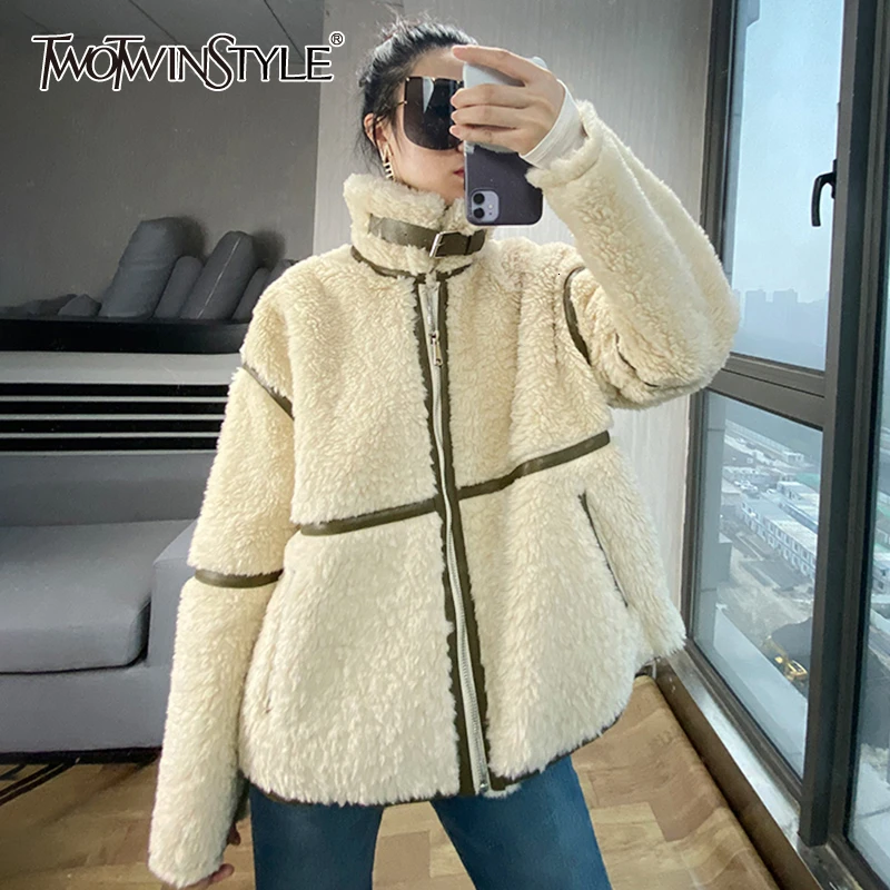 TWOTWINSTYLE лоскутное из искусственной кожи кашемировое пальто женский Водолазка с