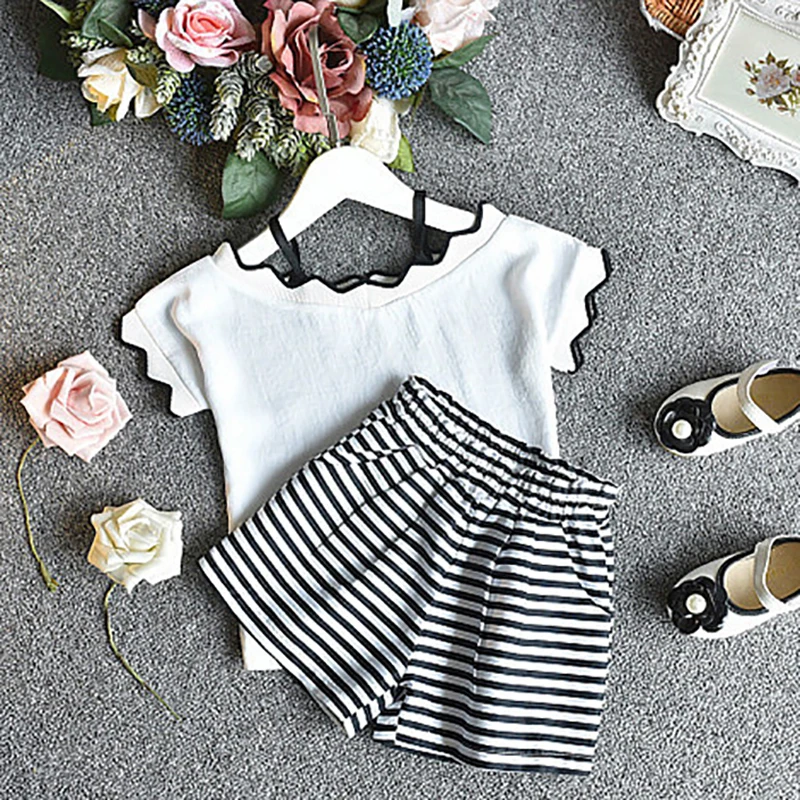 

2Pcs/Set Summer Baby Girls Solid Color Strap Tops T-shirt+Striped Shorts