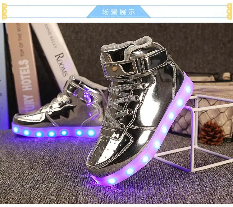 STRONGSHEN Led Children Shoes USB Charging Basket Shoes With Light Up Kids Casual Boys&Girls Luminous Sneakers Gold silver