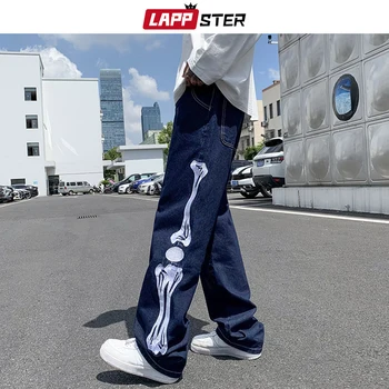 لابستر الرجال الهيكل العظمي فضفاض سراويل تقليدية 2021 رجل اليابانية الشارع الشهير واسعة الساق سراويل جينز ذكر Y2k الأزرق خمر الدينيم السراويل 2