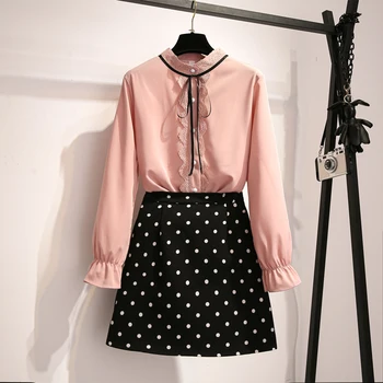 

Summer Korean Small Fragrance office OL Suit Bow Single-Breasted Lace Trim chiffon blouse+High waist Mini Dot Skirt 2Piece Set