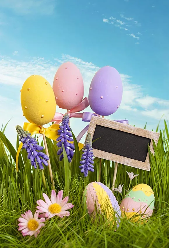 5 X7Ft Happy Easter Party Color Eggs Green Grass Blue Sky Clouds Custom Photo Studio Sfondo Vinile 220Cm X 150Cm
