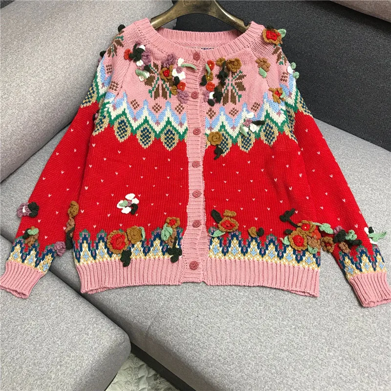 

Luxury Brand Designer Knitted Sweater for Women Vintage V Neck Hand Woven Three Dimensional Fowers Knitted Sweater Cardigan