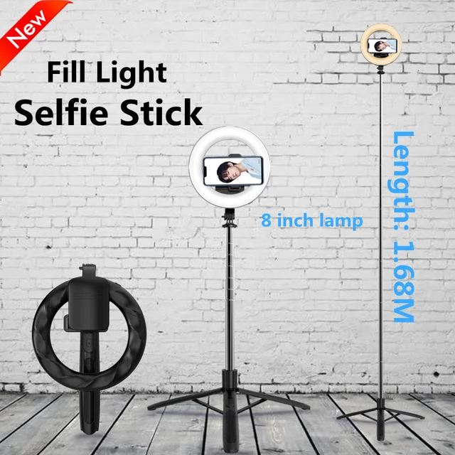 Otturtore remoto porttile pieghevole senz fili Bluetooth Selfie Stick treppiede con grnde nello LED fotogrfi luce per Android IOS|Selfie Sticks|  
