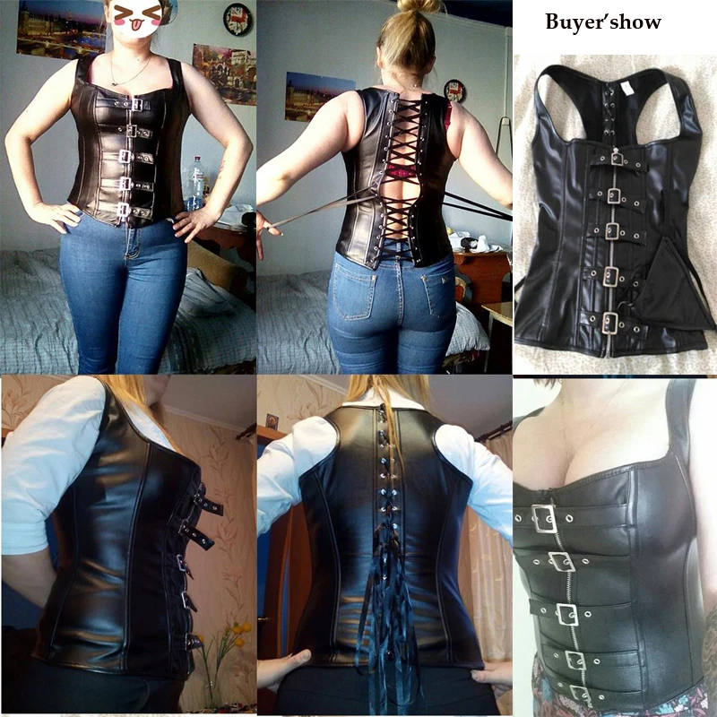 Steampunk Lace Up Back Waist Trainer Body Shaper PVC Bustier Overbust Corset Brocade Faux Leather Corsets Dress