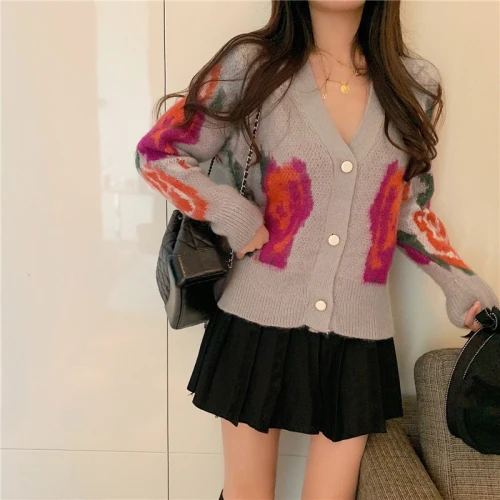 Moda feminina ulzzang, осенне-зимняя одежда, женские кардиганы, повседневный модный брендовый свитер, женский свободный корейский стиль с v-образным вырезом, Новинка - Цвет: Серый