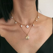 IngeSight. Z богемное женское многослойное ожерелье-чокер с искусственным жемчугом и звездой, массивное ожерелье с резной подвеской в виде монеты, ювелирное изделие