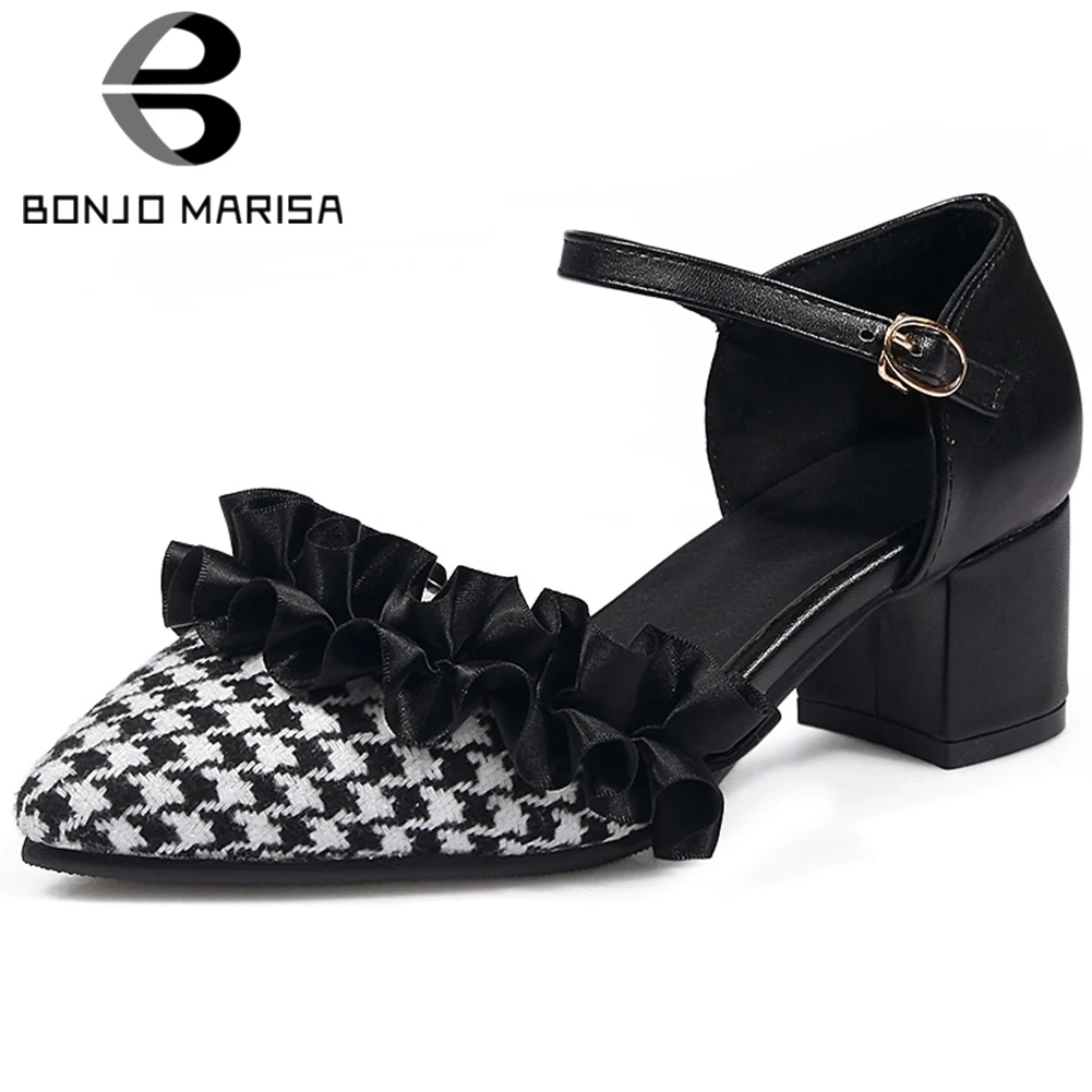 

BONJOMARISA Sweet Girl Lace Sandals Pointed Toe Cover Heel High Heel Sandals Women 2020 Leisure Casual Office Summer Shoes Woman