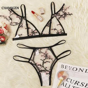 

CHAMSGEN Sexy Women Lingerie Lace Embroidery Sleepwear Underwear Tops Briefs Fashion Sexy Perspective Hollow Out G-String F525