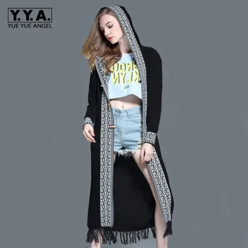 

Bohemian Style Women Long Sleeve Coats Fashion Knitted Sweater Hooded Long Coat 2020 New Casual Loose Tassel Abrigos Para Mujer