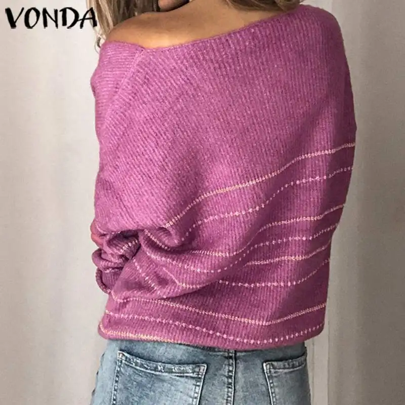 VONDA, женский свитер, длинный рукав, блузка, осень, вязанные топы, сексуальный глубокий v-образный вырез, полосатый вязаный пуловер, тонкий свитер размера плюс