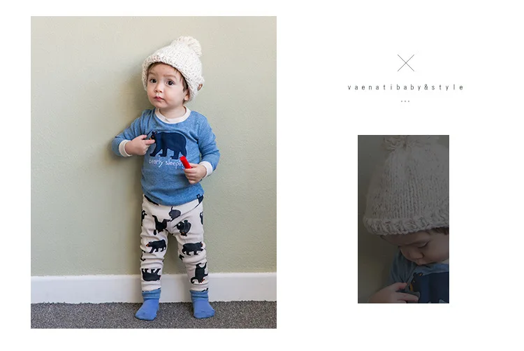 Spring Autumn cotton boys sleepwear kids pajama 2 pcs set children nightwear blue letter embroidery cartoon bear 2 to 7 Yrs