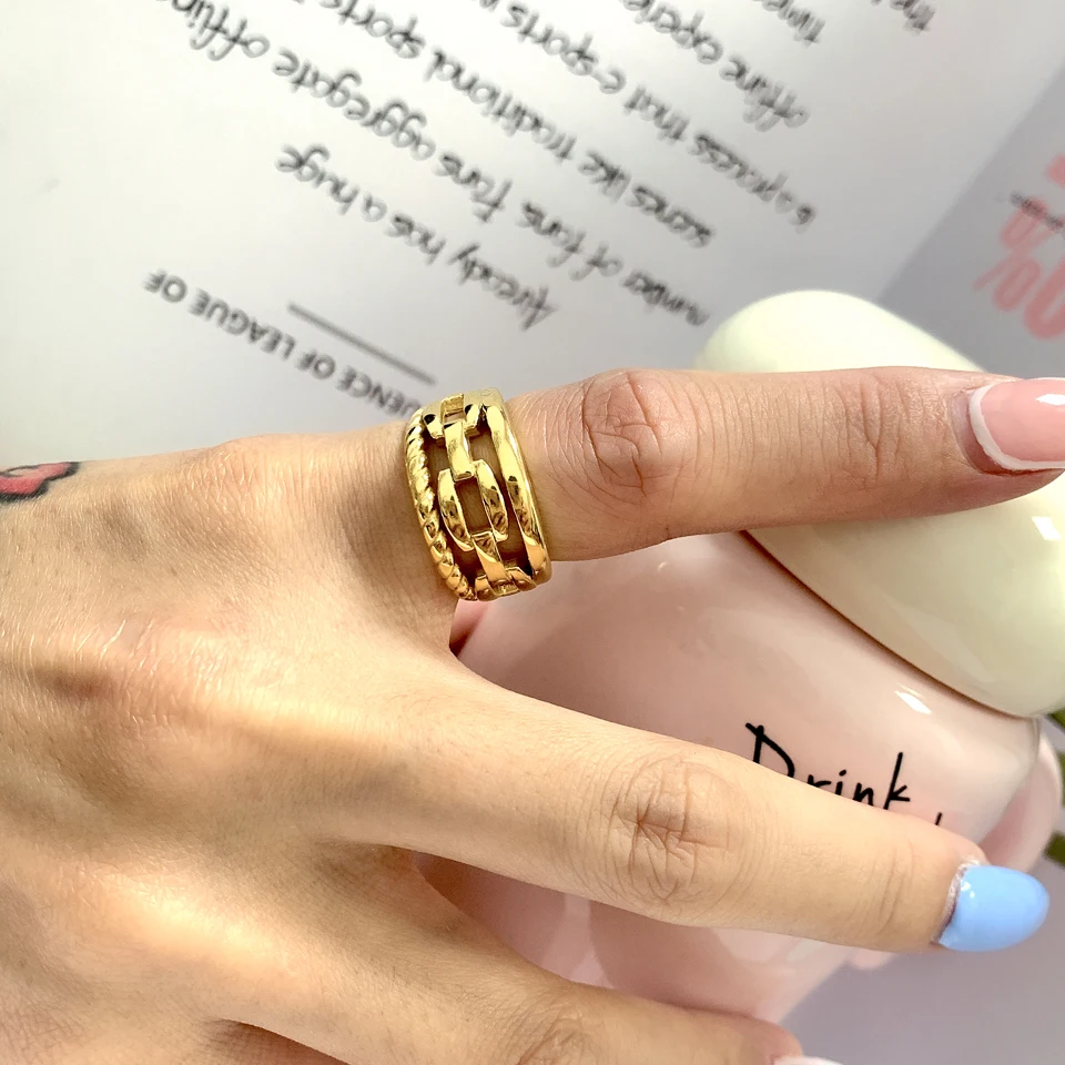 New 18 K Stainless Steel Chubby Rings For Women Simplicity Water Drop Gold Color Chain Ring Wedding Party Rings Jewelry Gift
