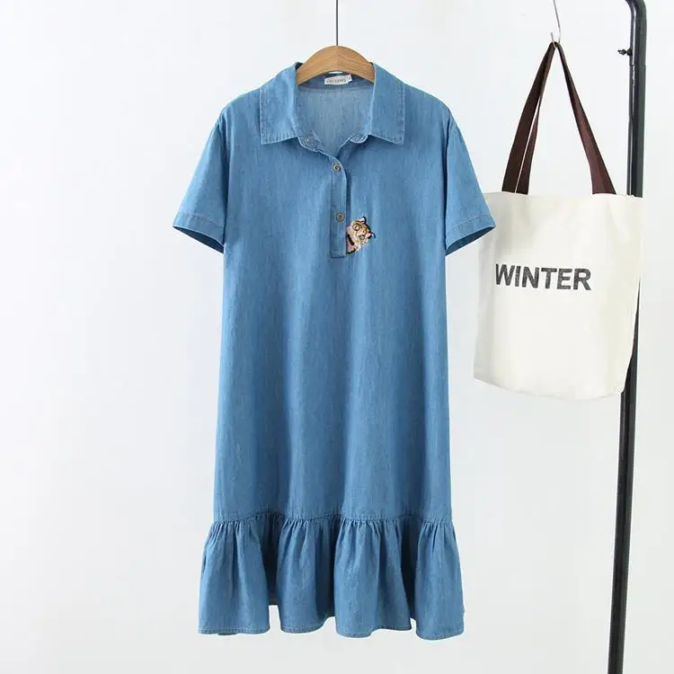 

2019 Summer New Style Casual Versatile Retro Placket Embroidered Kitten Fold-down Collar Hedging Short-sleeved Dress Women's