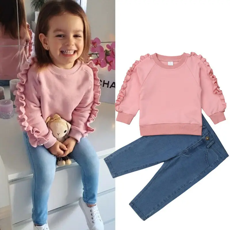 Fashion Kids Baby Girl Clothes Pink Ruffle Tops Shirt Denim Pants Autumn Winter Warm Outfit 2Pcs Set
