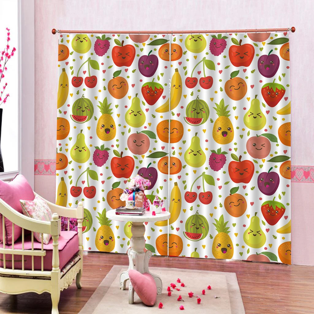 Apple pineapple pear banana watermelon Fruit Curtains Living room Bedroom Decor 2 Panels Hooks Window Curtains