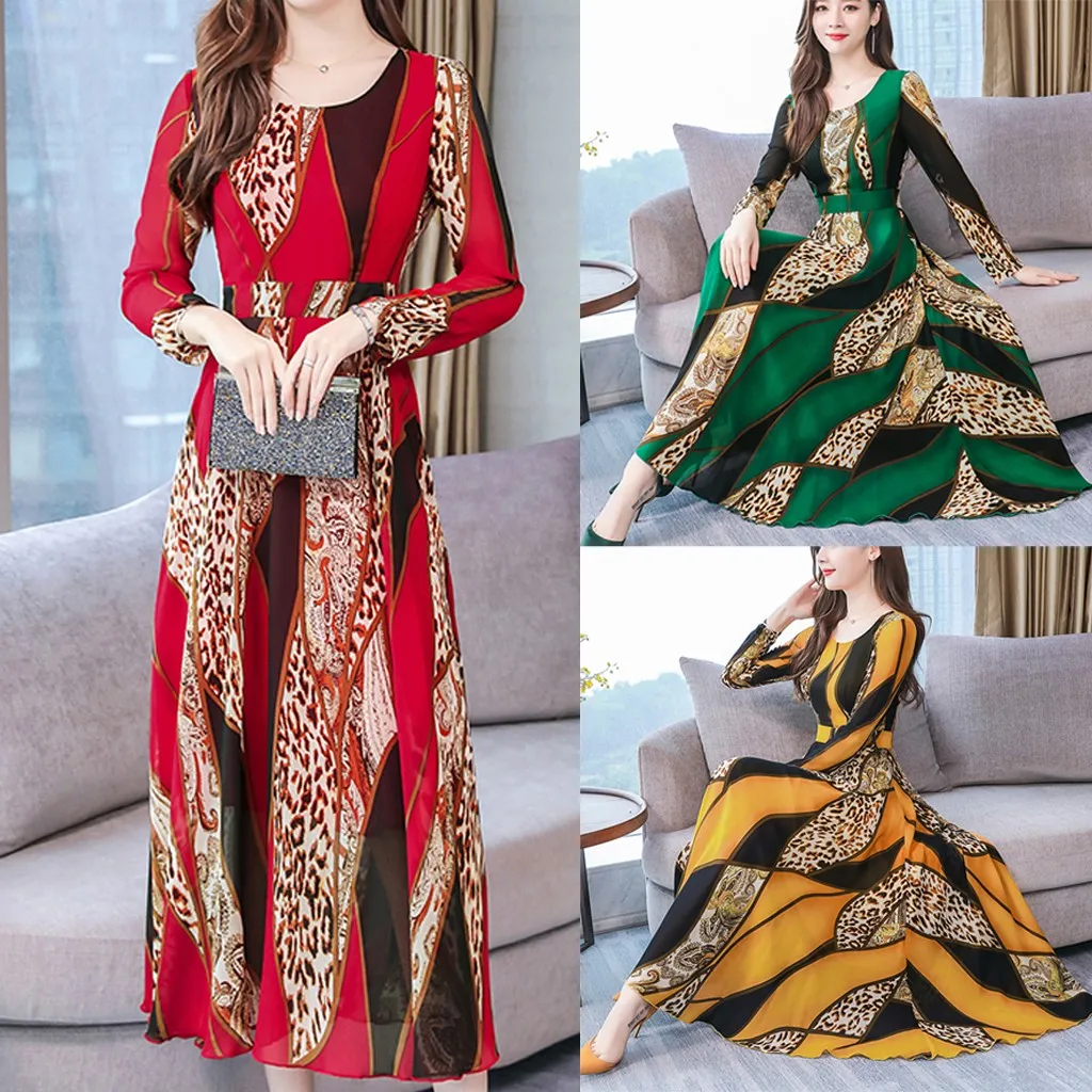 

Fashion Women stripe Leopard Print boho long maxi Dress casual spring elegant Lady O-Neck autumn Dress