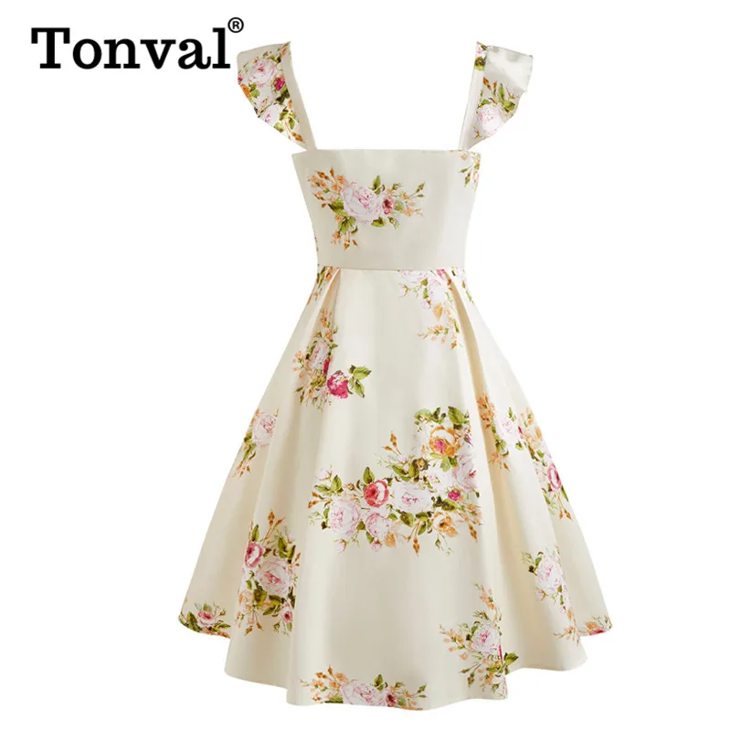 Tonval/бежевое милое платье с цветочным принтом и вырезом-сердечком, с рюшами и рукавами; женские летние вечерние платья с открытой спиной в винтажном стиле