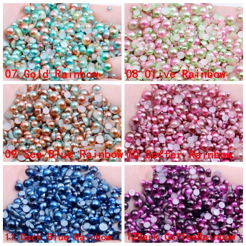 100-1000pcs Rainbow Color Half Round ABS Imitation Pearl Beads 3-10mm Flat Back Scrapbook Bead For DIY Nail Making