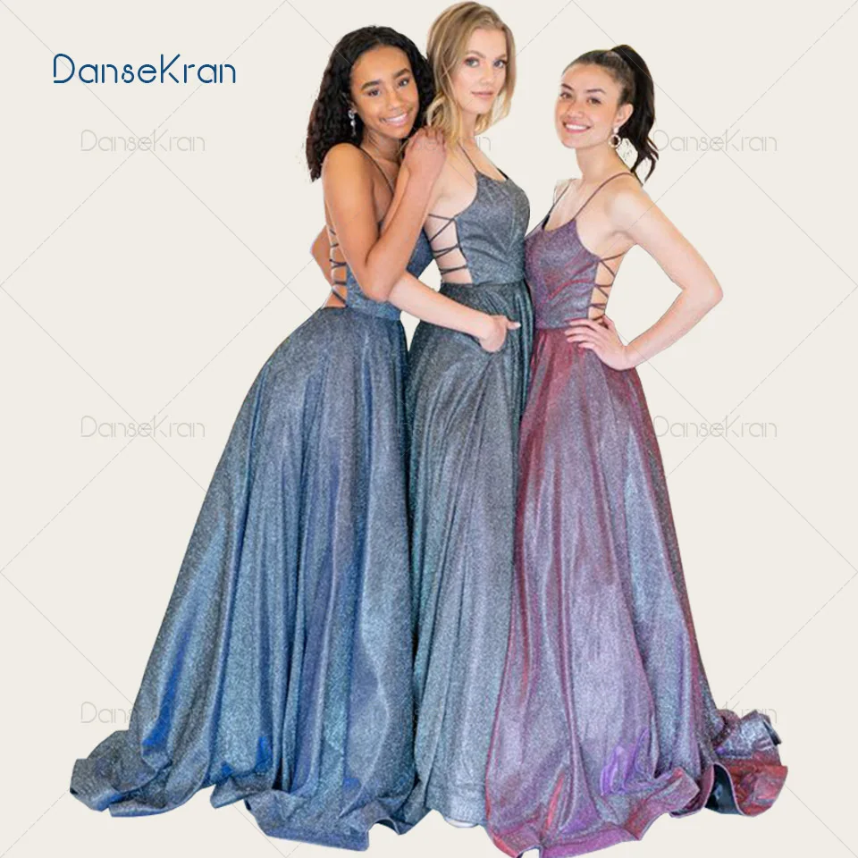 

Glittery Prom Dresses With Pockets Spaghetti Straps Formal Evening Gowns Lace Up Back Floor Length A-line Maxi Dresses For Party