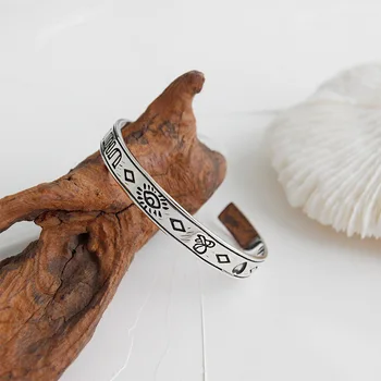 

JDCS003 Retro Turkish Silver Eye Heart Lettered Bangle Bracelet 925 Sterling Silver Carved personalized Cuff Bracelet