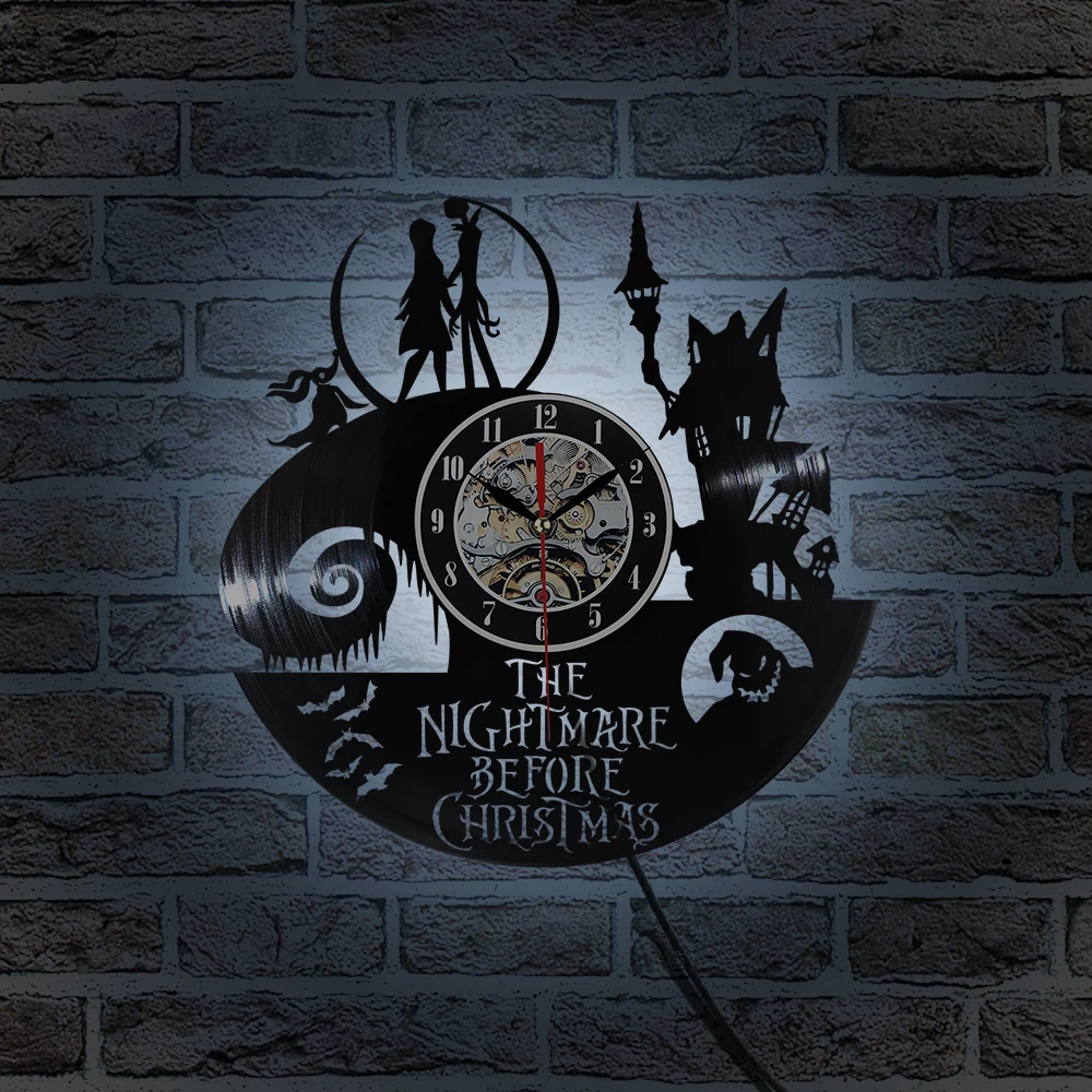 Виниловая пластинка настенные часы со светодиодный Кошмар перед Рождеством тема CD пластинка часы 3D подвесной светодиодный настенные часы антикварные часы