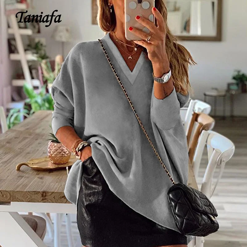 

Taniafa 2019 New Arrival Fashion Women V Neck Pure Color Pullover T Shirts Autumn Casual Loose Tops