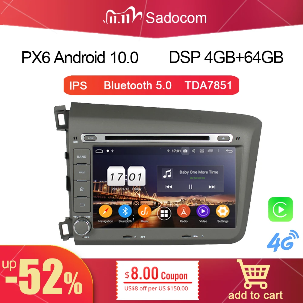 720P DSP IPS PX6 2 din Android 9 0 для Honda Civic 2012 2013 4 Гб + 64 8 ядер автомобильный DVD-плеер GPS Glonass