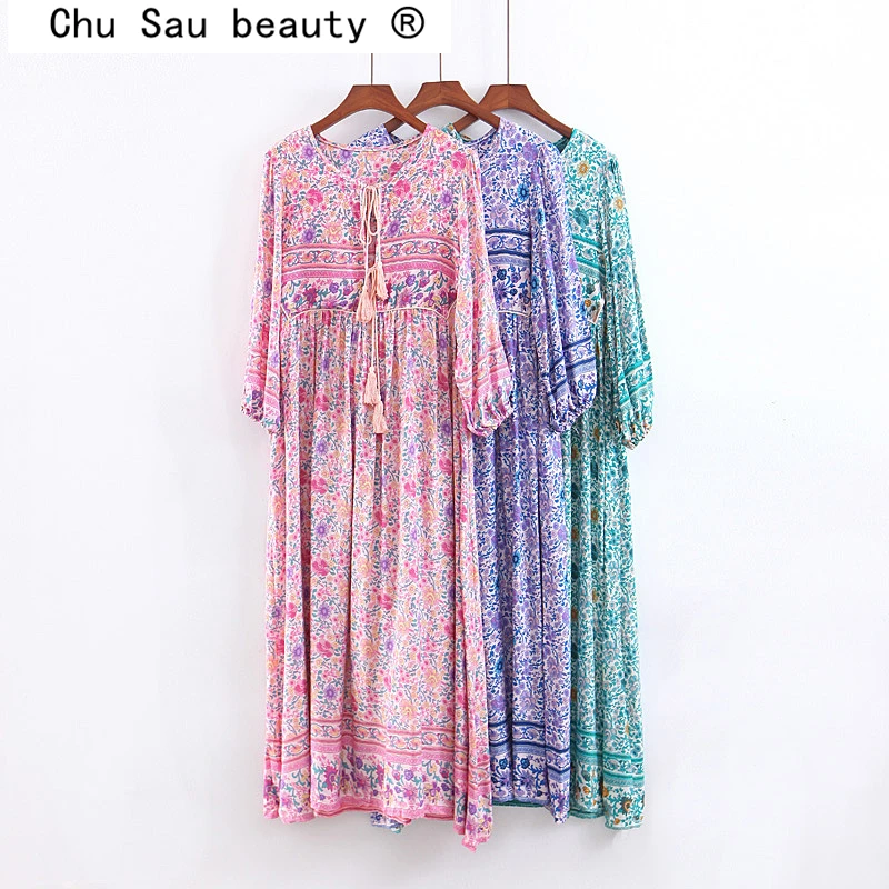 

Chu Sau beauty Boho Chic Floral Printed Women's Maxi Dresses Holiday Style O-neck Loose Beachwear Lady's Bow Tie Long Dress