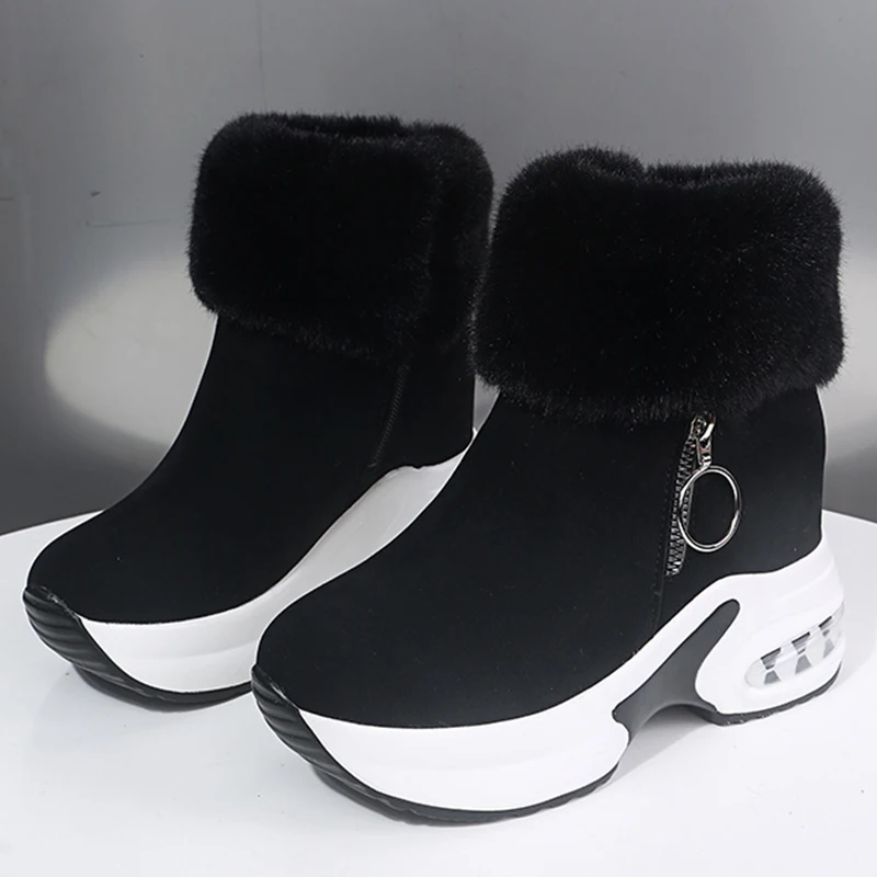 Новинка года; женские зимние кроссовки; теплые меховые кроссовки на платформе; повседневные удобные женские туфли из плюша; женские кроссовки на танкетке; Feamle - Цвет: Black