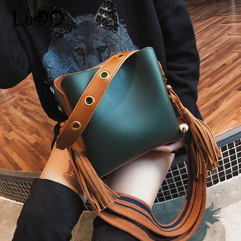 

LUCDO fashion tassel Women Shoulder bags Brand Designer Wide Strap Luxury Handbags high quality Leather Crossbody Bags for women