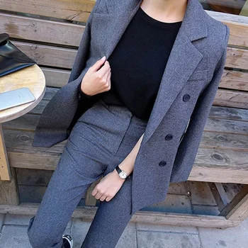 

Fashion Business Pant Suits Uniform Formal Double Breasted blazer and Long Pant Black Blazer Set Women OL 2 Two Pieces Suits