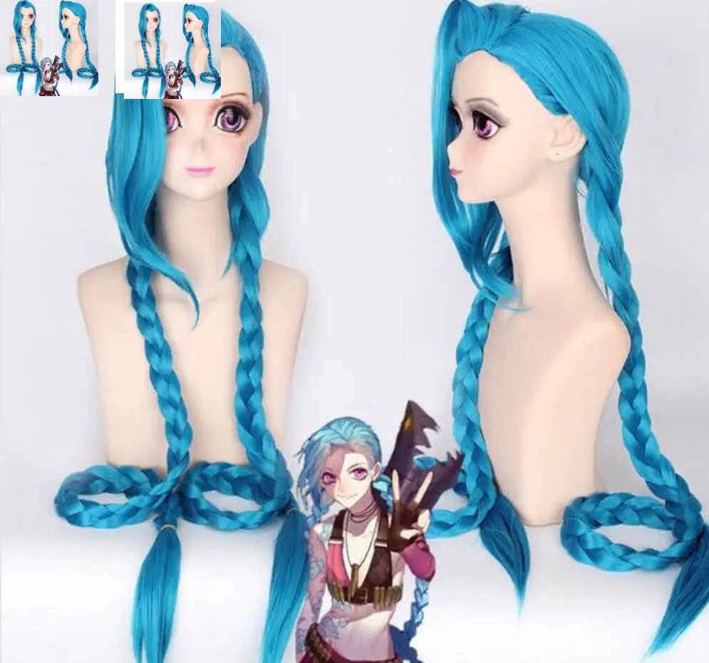Free Shipping Party Wig Costume Game Of LOL Jinx Blue Cosplay Synthetic Hair 100cm |
