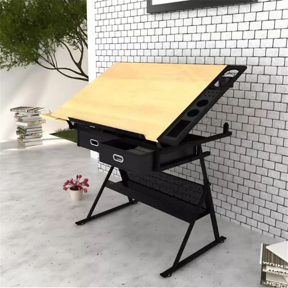 

Big Sales! Drafting Table with Two Drawers Writing Desk Desk Designer for Draftsmen Adjustable Tabletop Drawing Table with Stool