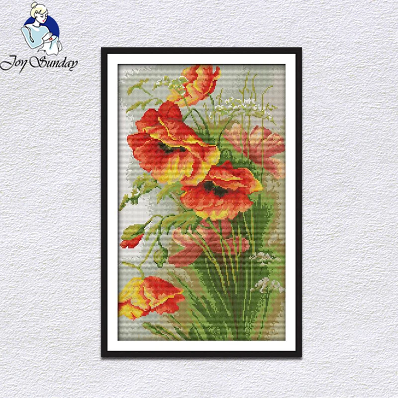 

Joy SundayPoppy flowe cross stitch kits printed chinese embroidery needlework set decorations for Home Decor Design Embroidery