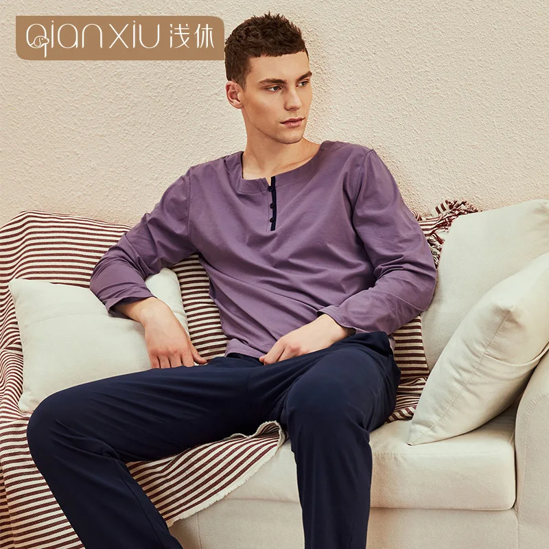 

Cotton pajamas men Cozy and soft Long-sleeved tops + Trousers Two Pieces Sleepwear Set spring men Pyjamas Home Clothes pajamas