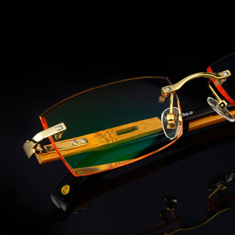 Titanium+Bamboo Frame Eyeglasses Rimless Men Gold Wood Frameless Prescription Myopic Glasses Ti Anti-Reflection Lens Eyewear