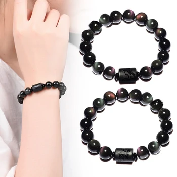

Yoga Jewelry 10MM Natural Black Obsidian Carved Buddha Lucky Amulet Round Beads Strand Bracelet For Women Men Jewelry