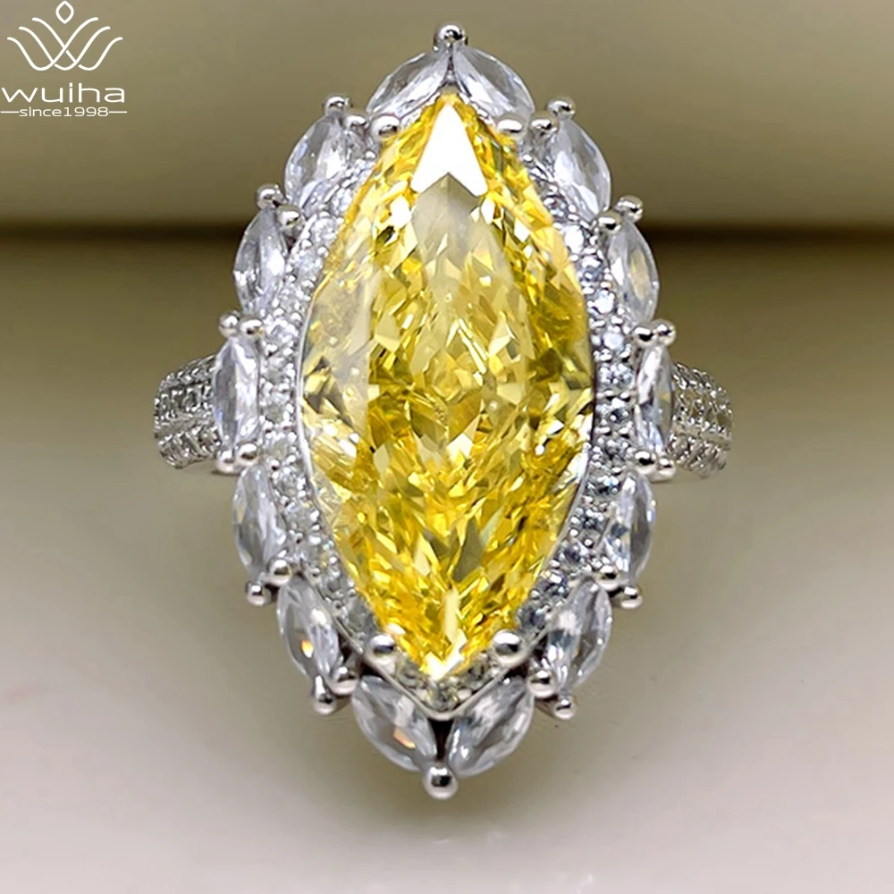 

WUIHA Luxury Solid 925 Sterling Silver Radiant Cut 9*18MM MQ Citrine Gem Created Moissanite Wedding Engagement Ring Fine Jewelry